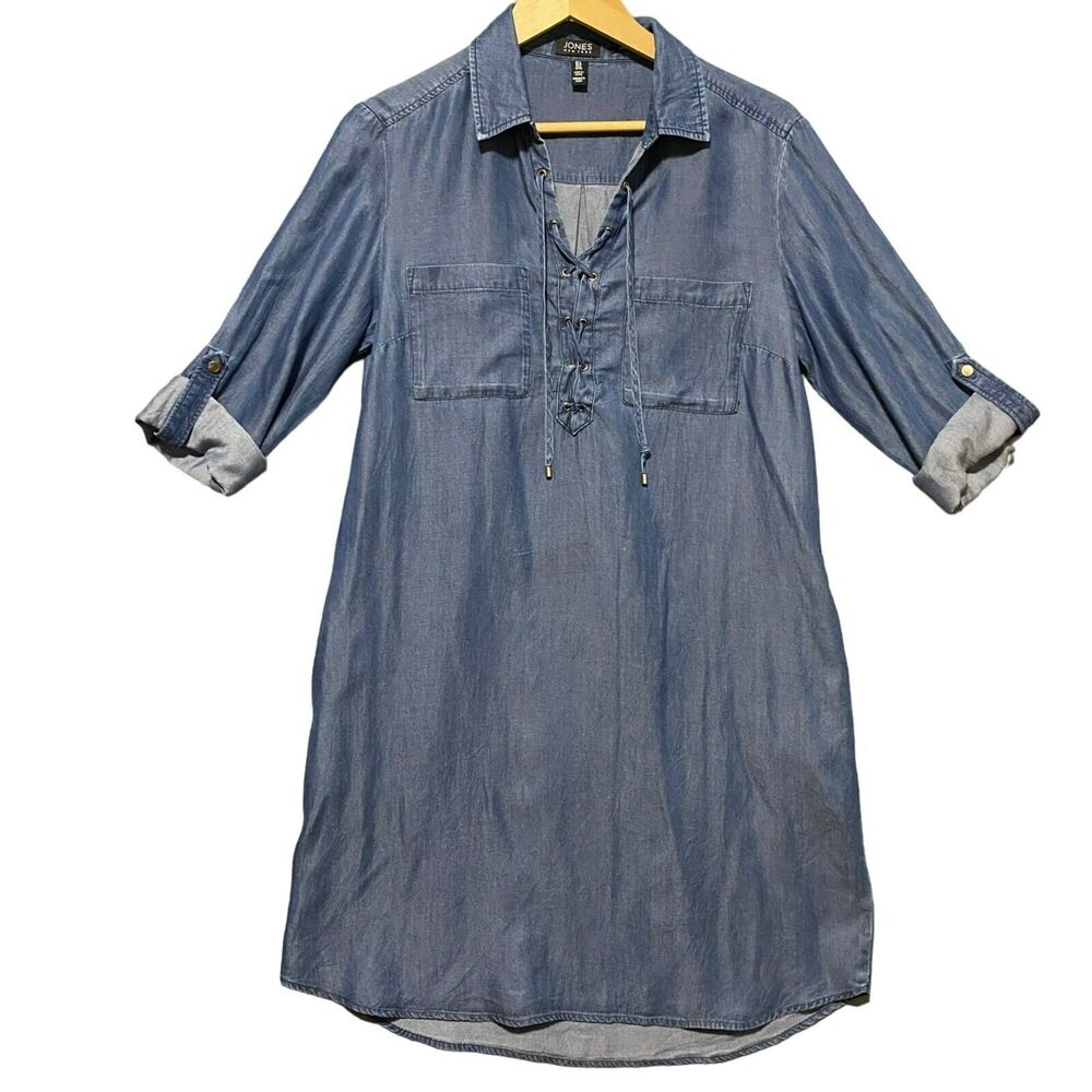 Jones New York Women's Shirt Dress Chambray Roll-Tab Sleeve Lace-Up Pockets Sz 8